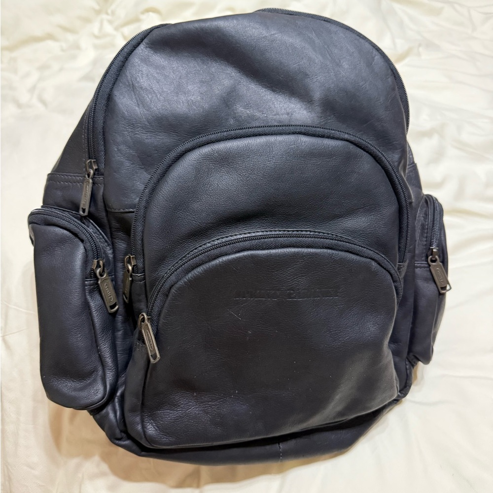 Black Leather Expandable Backpack With Padded Straps